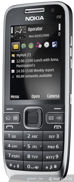 高質感超薄型金屬打造的全黑系列Nokia E52內斂黑，厚度僅9.9公釐，營造出低調典雅與極簡的視覺效果。為滿足符合商務人士的對通話與待機時間的高度要求，Nokia E52擁有長達29天超長的電池續航力