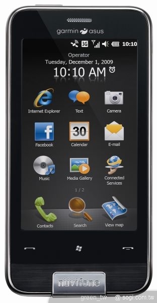 Garmin-Asus最新聰明手機M10擁有3.5吋超大WVGA螢幕,搭載最新Windows Mobile 6.5.3(Maldive)作業系統與Qualcomm 7227 600MHz 高效能處理器,內建500萬畫素相機、4GB記憶體