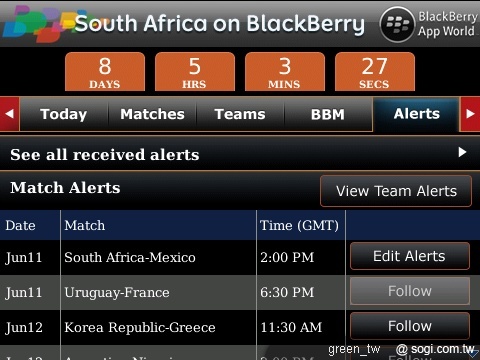 South Africa for BlackBerry 2010 FIFA 訂閱賽況通知：Push技術將賽況即 時推送至手機上