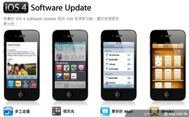 iPhone 4 採用全世界最新且最先進的行動裝置作業系統: iOS 4 。提供 100 多種全新功能,包括:多工、檔案夾、強化的電子郵件、更強的企業支援,以及蘋果新的 iAd 行動廣告平台。