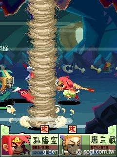 《極樂西遊記 - 天兵降臨》戰鬥介面為帶縱向移動的橫向戰鬥介面,玩家需操控悟空與敵人進行戰鬥。