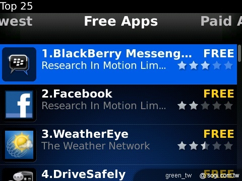 BlackBerry App World 排名前25名的免費軟體