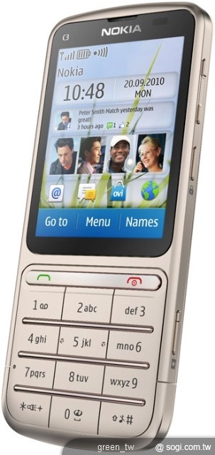 Nokia C3 可快速連結電子郵件 並從Ovi商店 下載應用程式和遊戲