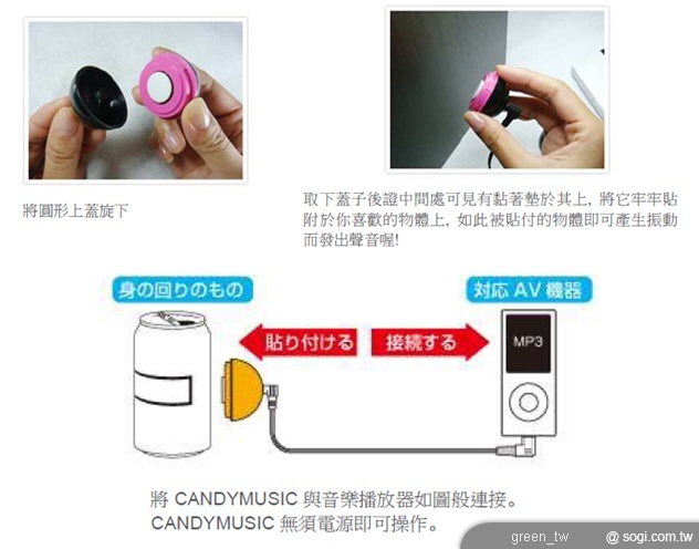 Candy Music 利用振動傳導技術，讓聲音透過各種物品播放