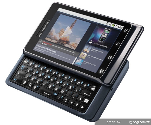 MOTOROLA MILESTONE 2 搭配纖薄的側滑 QWERTY 鍵盤