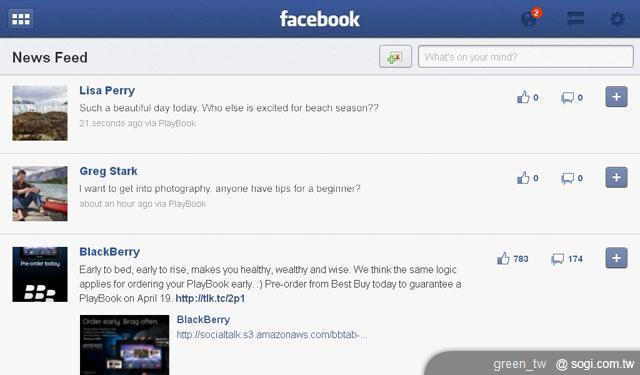 BlackBerry PlayBook的Facebook動態消息
